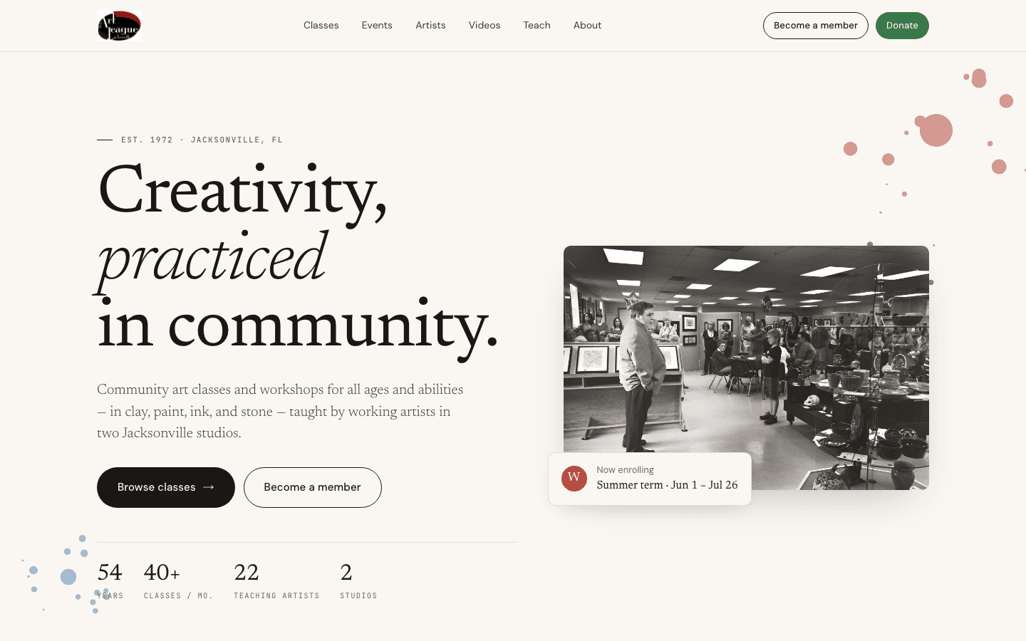 Art League of Jacksonville redesigned homepage